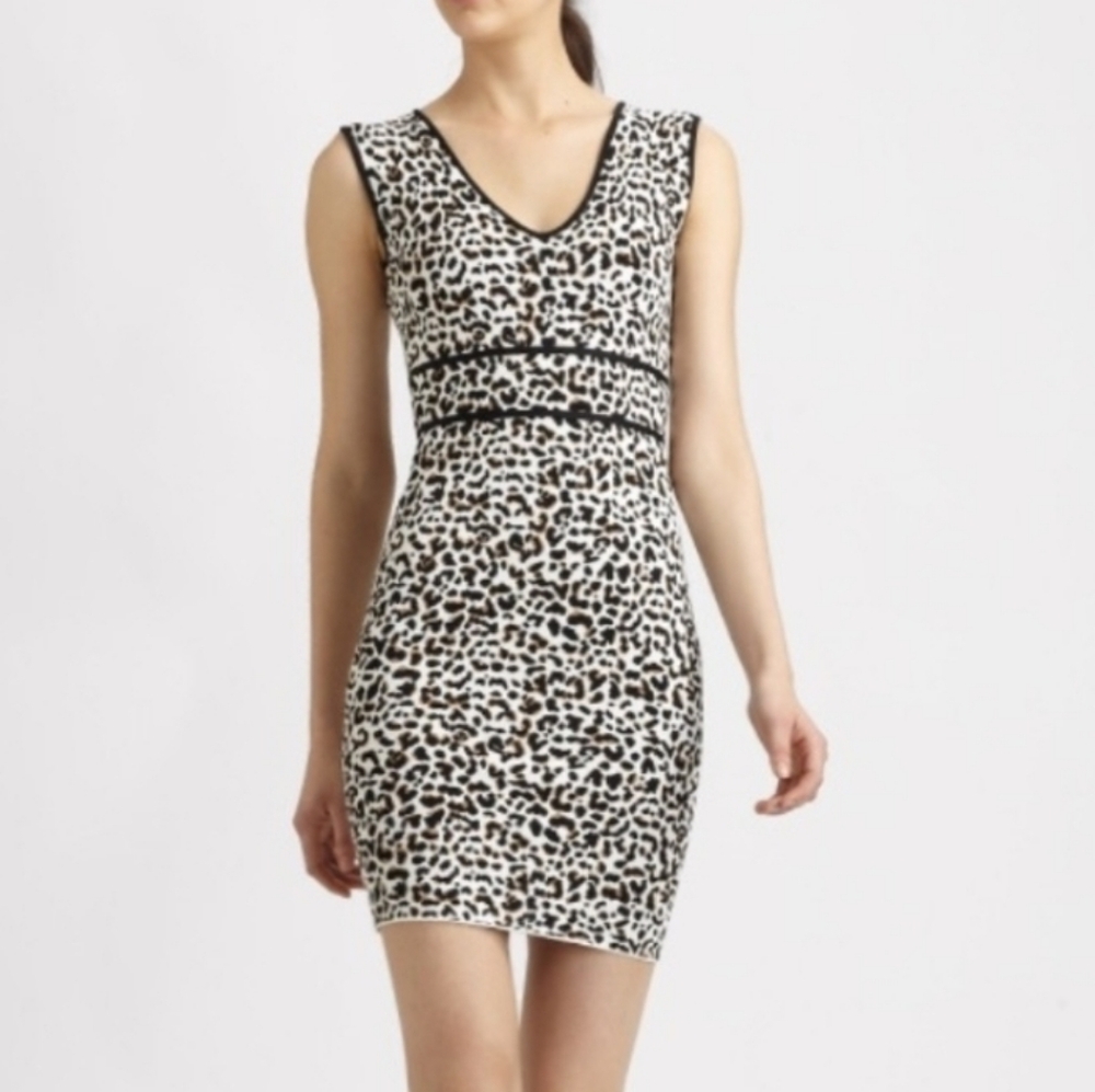 BCBG Maxazria Leopard Bodycon Knit Stretch Dress Womens Medium Sexy Party